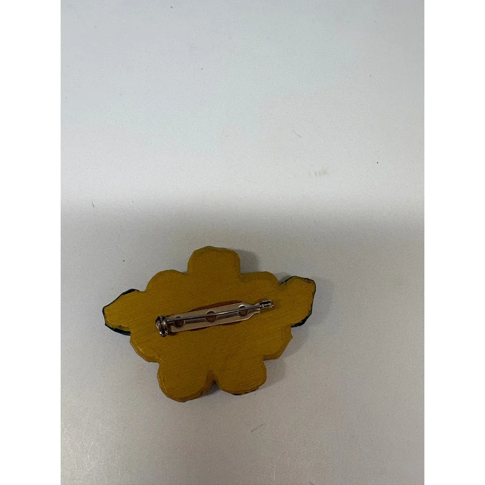 Signed Eddie Hand Carved Wooden Sunflower Bumblebee Brooch Yellow Folk Art Pin